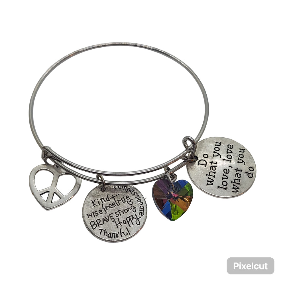 Silver Tone Inspirational Charm Bracelet Peace Heart Crystal Love Adjustable